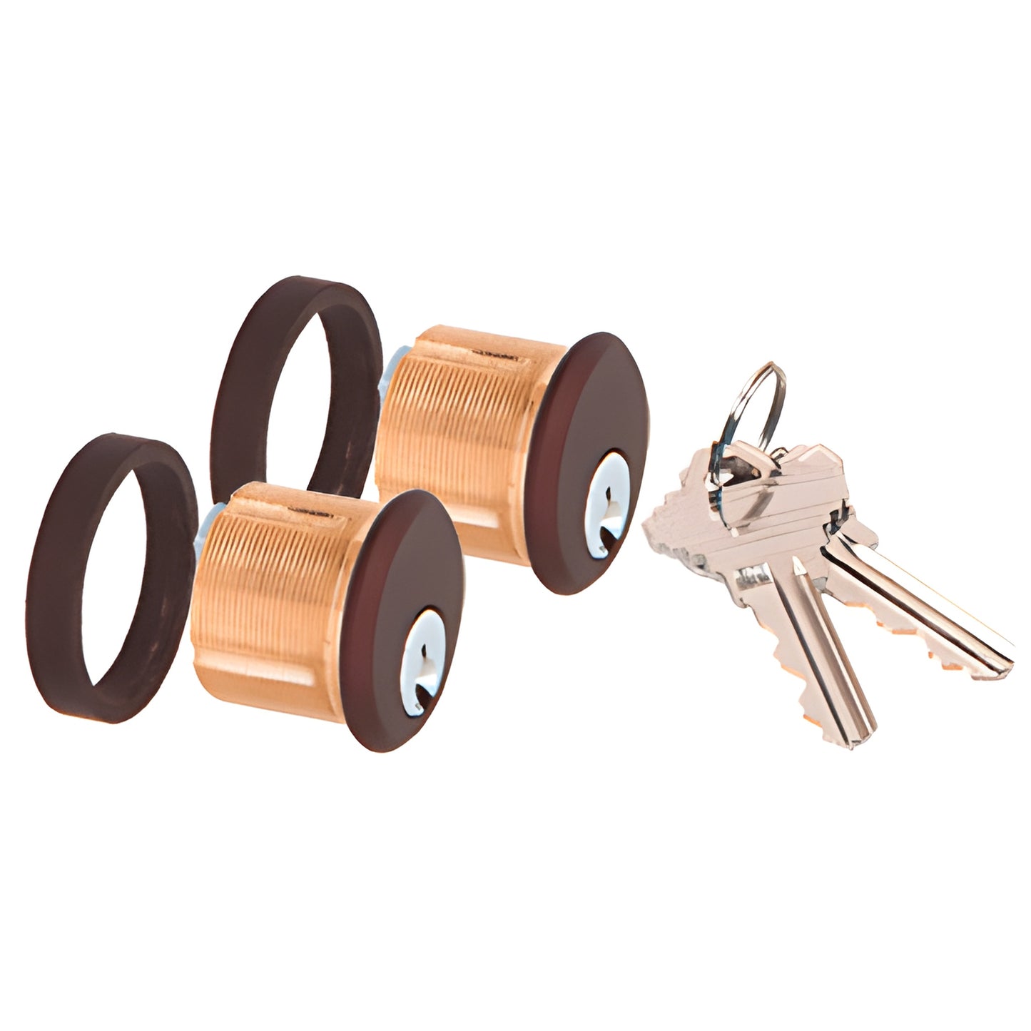 Pair of brass patch lock cylinders with black bronze trim rings and two keys, 29mm diameter, for commercial glass doors.