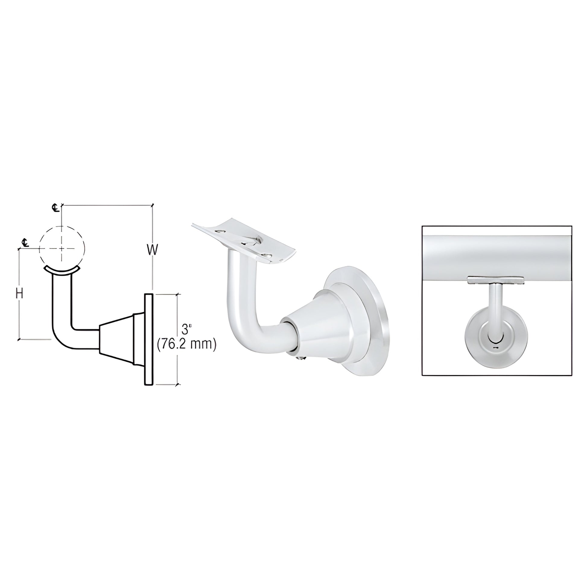 Satin anodized aluminum Newport wall-mounted handrail bracket HR2DWSA, 3-way adjustable, fits 1.5-2 in tubing