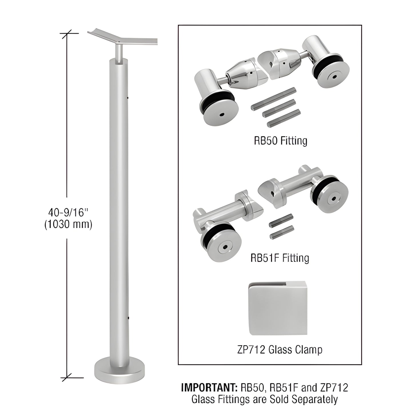 Stainless steel surface-mounted railing post kit P7F42ABS, 40 9/16" (1030mm) post with base plate - fittings sold separately