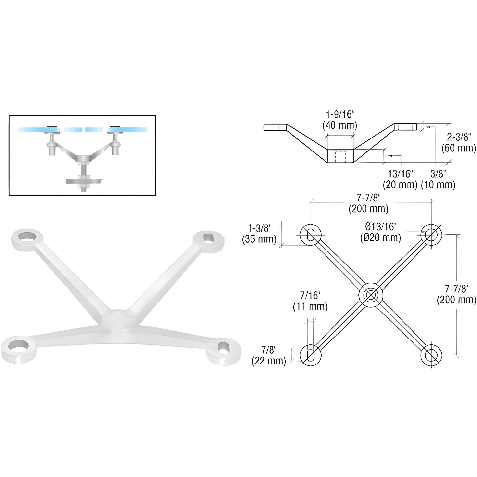 CRL stainless steel four-arm fitting PMR4PS, dimensioned diagram and inset installation photo, for 1/2" tempered glass.
