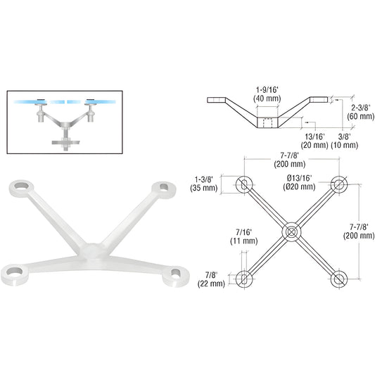 CRL stainless steel four-arm fitting PMR4PS, dimensioned diagram and inset installation photo, for 1/2" tempered glass.