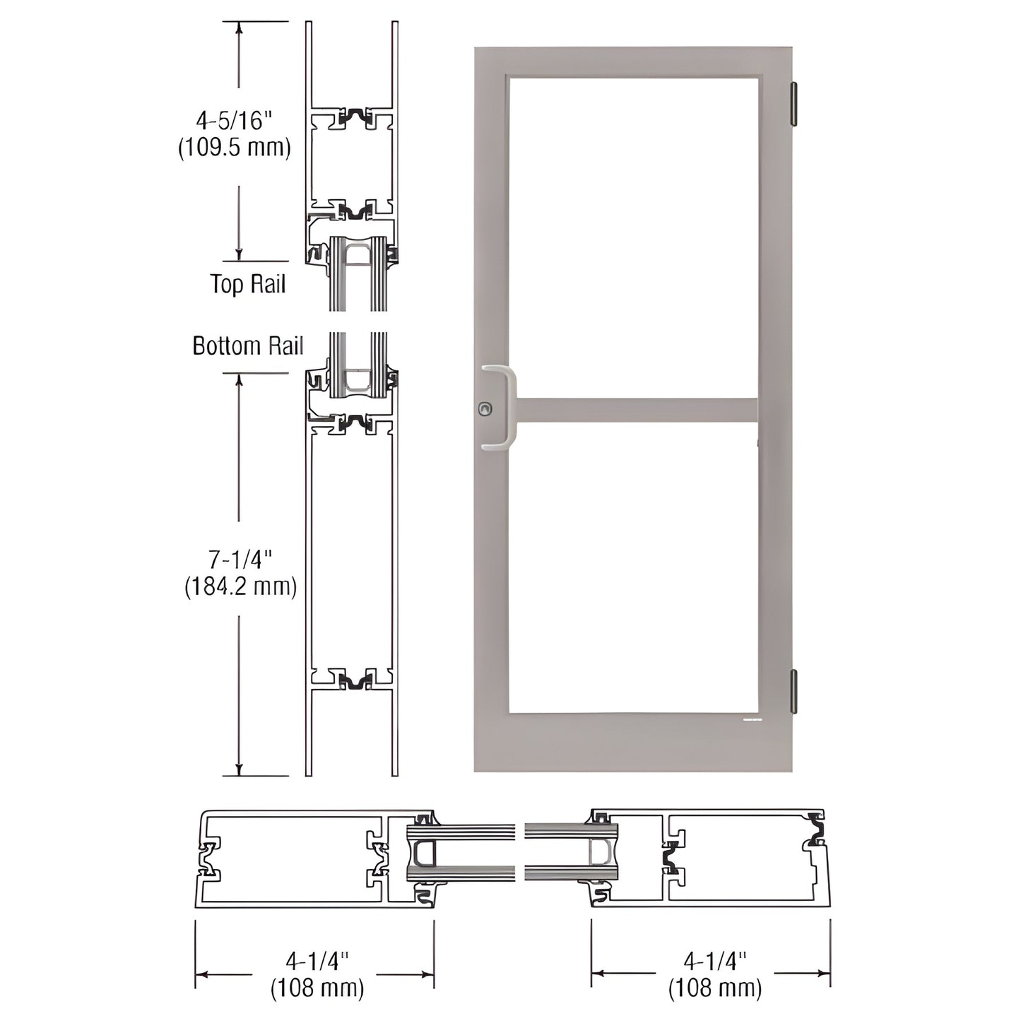 White Kynar medium-stile commercial entrance door, 4-1/4" stiles, 7-1/4" bottom rail, glass opening, panic-hardware prep