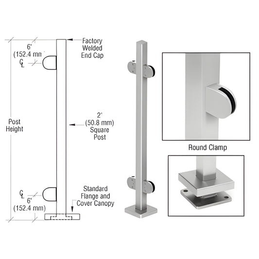 SPR36CBS stainless steel 2" square glass clamp post kit with Z series round clamps and base plate cover.