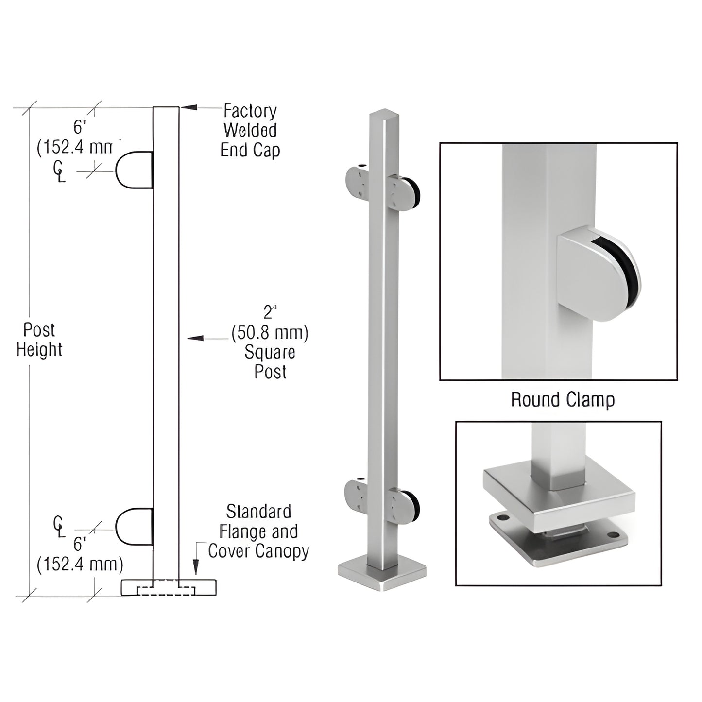 SPR42CBS: brushed stainless 2" square glass-clamp post kit with round Z series clamps, base plate and cover canopy.