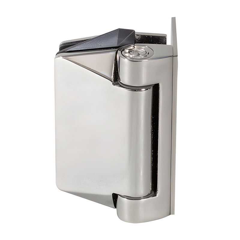 Polished stainless steel CRL Polaris 125 soft-close hinge for 3/8-1/2" frameless glass gates, adjustable closing speed.