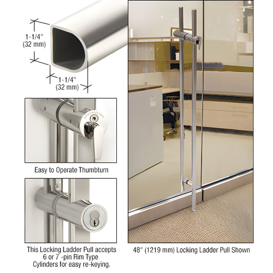 DLLPA48PS polished stainless D-shape 48" locking ladder pull for glass doors with concealed deadbolt and thumbturn