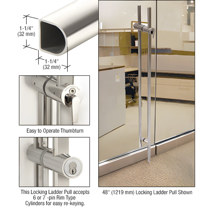 DLLPA72PS polished stainless steel 48 in locking D-shape ladder pull for glass doors, thumbturn and rim cylinder