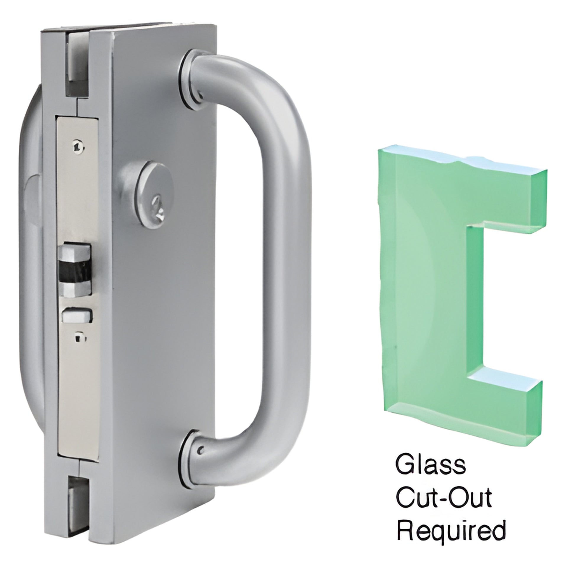DL410RBS brushed stainless 4x10 center lock with D-handle and deadlatch for 1/2 in glass, left-hand