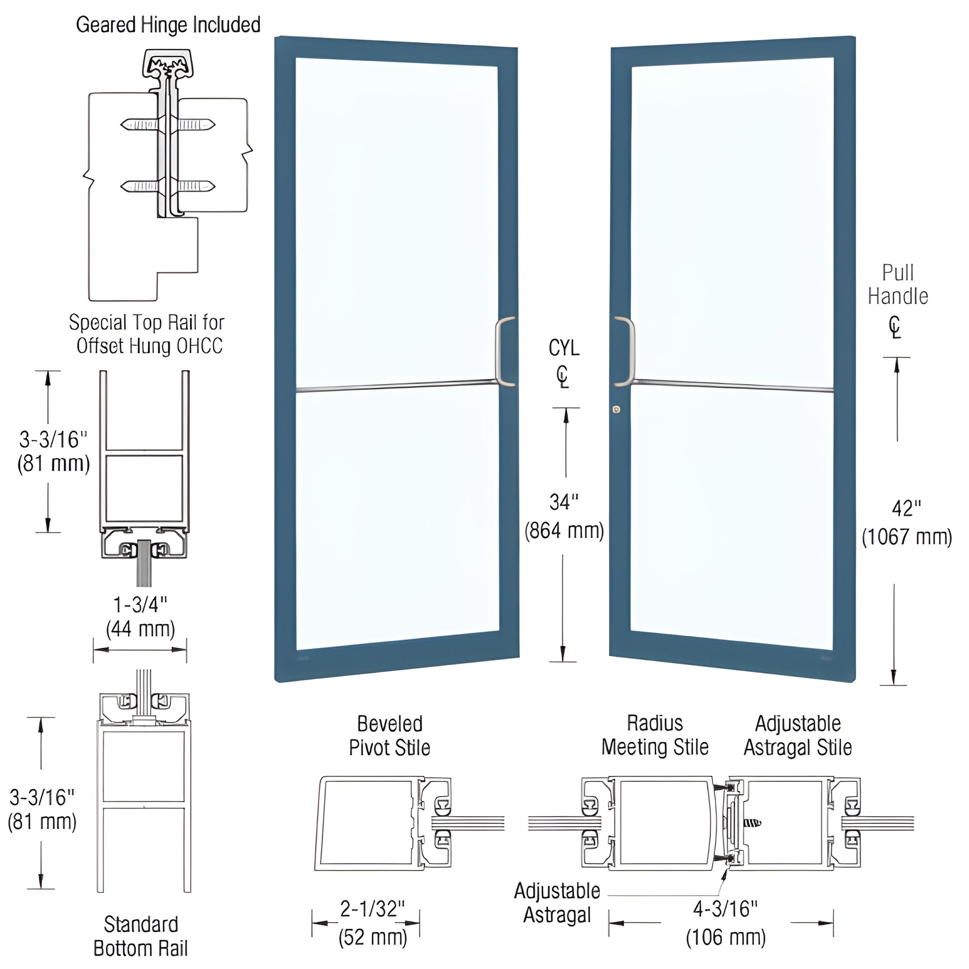DC22971 CRL custom narrow-stile commercial entrance door in Custom Kynar, glass panels, pull handle, 2" stiles, ADA-ready.