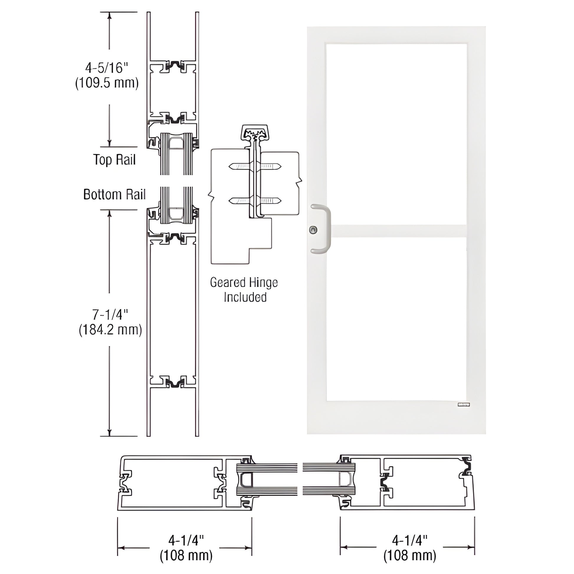 CRL medium-stile white Kynar commercial entrance door with mid rail and panic pull, SKU 1Z41852.