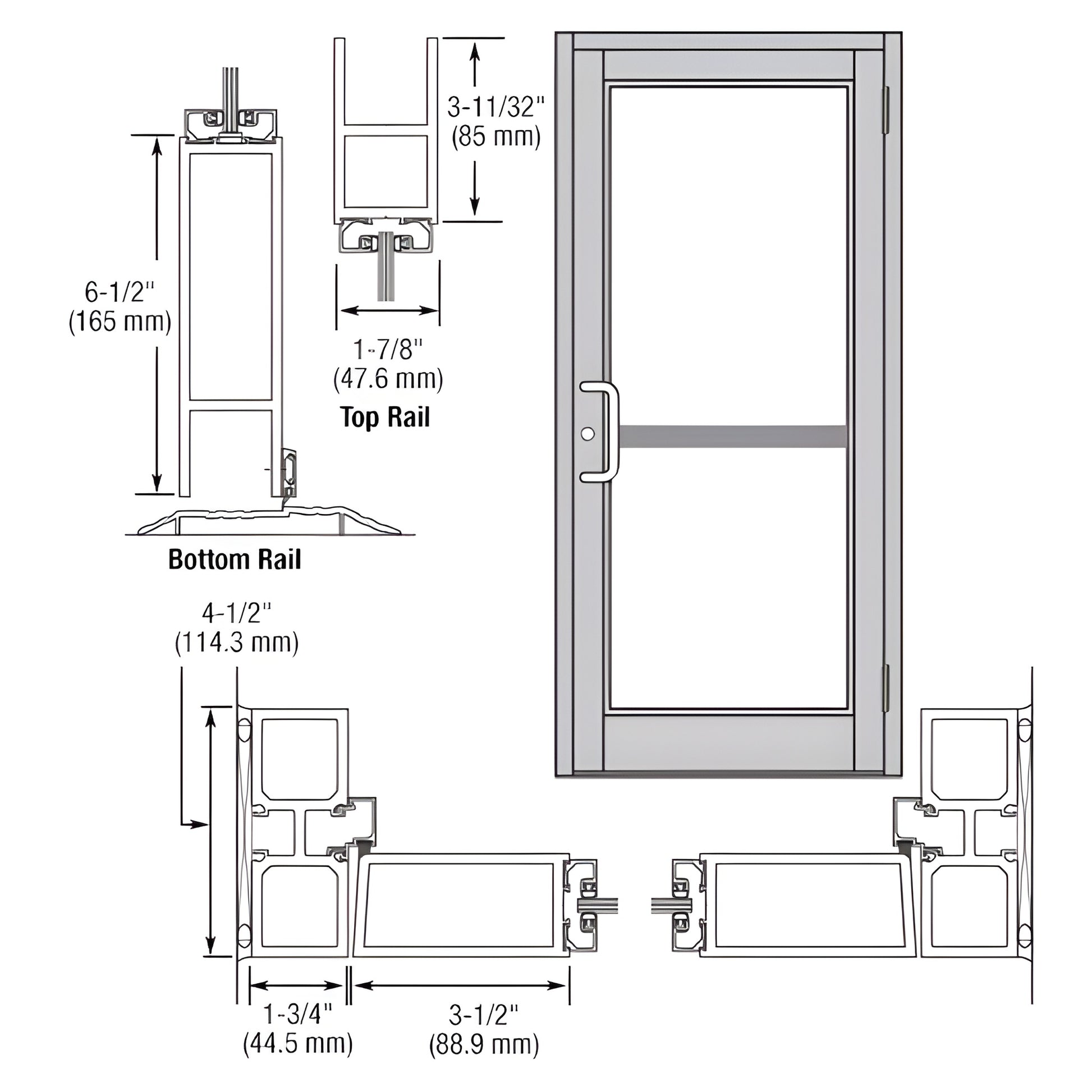 DZ81511 Durafront MS entrance door, clear anodized aluminum; 3-1/2 stiles, 6-1/2 bottom rail, for 1/4 tempered glass