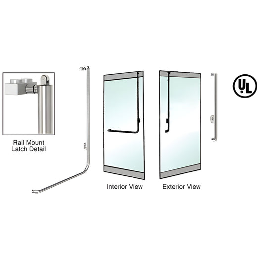 PA100J3RKPS polished stainless panic rail-mount handle for 1/2-3/4" glass doors, interior push bar, UL certified