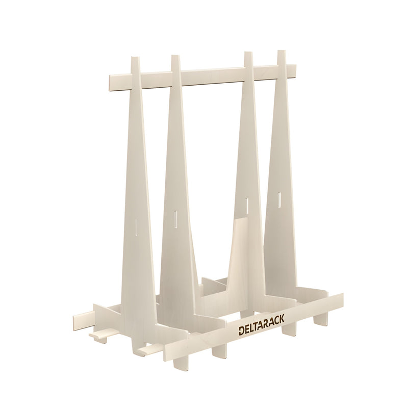 White Deltarack A-frame plywood glass transport rack (SR80515), 4 upright supports, pallet base, 2,000 lb capacity.