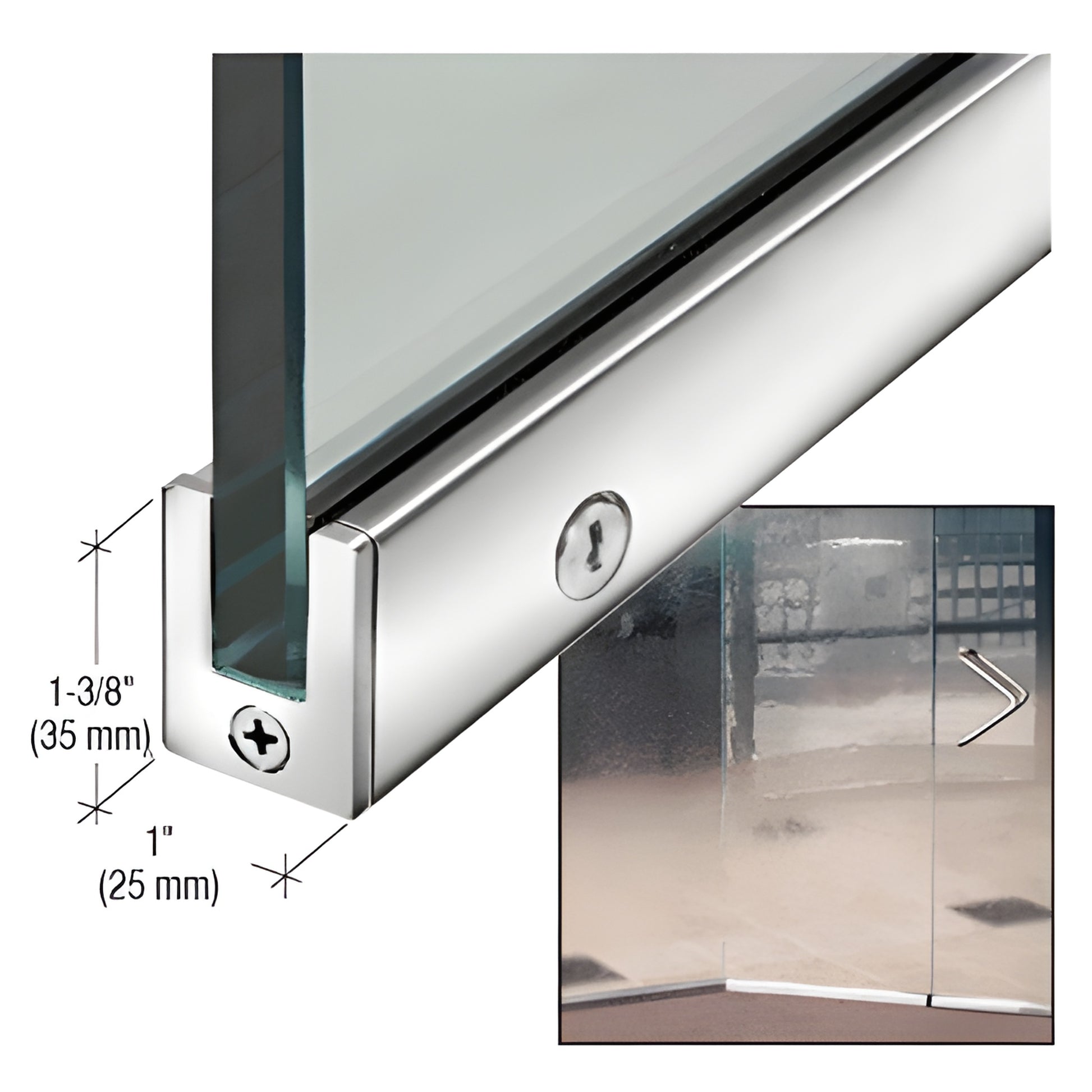 SP35PS12CR polished stainless steel 1 in slender door rail for 1/2 in (12 mm) tempered glass, 35 mm high, with cam lock