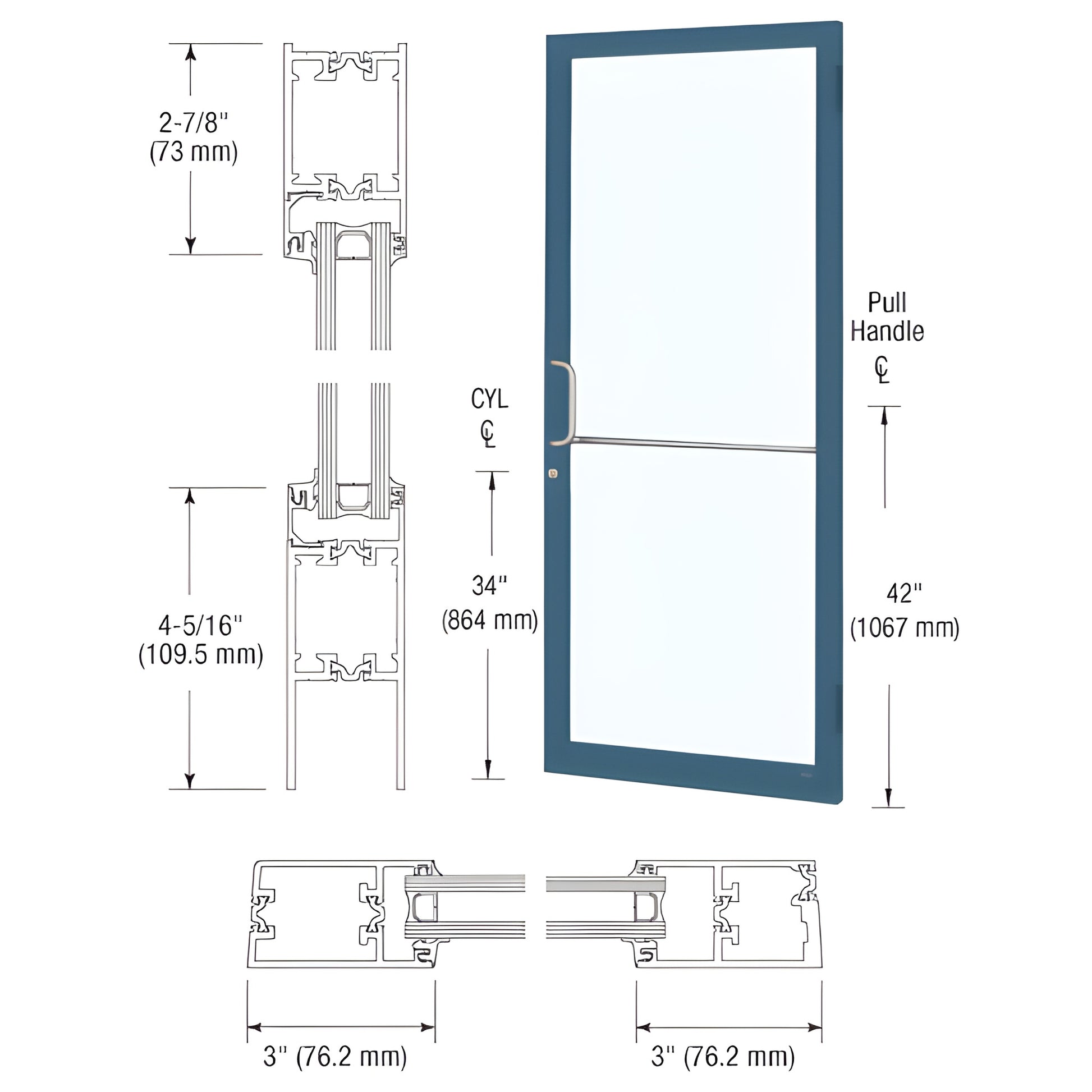 CRL Custom Narrow Stile Entrance Door (SKU 1D21571), Custom Kynar blue frame, 3" stiles, glass inset, pull handle.