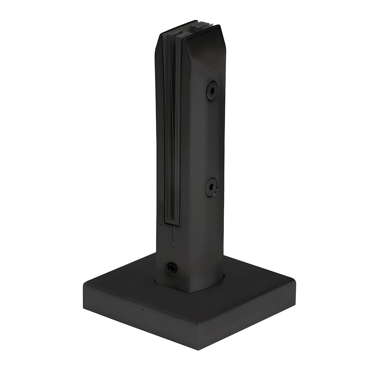 Matte black stainless steel one-piece surface-mount glass clamp with square base plate, for 3/8-9/16" glass (SKU AFWC1SMBL)