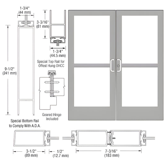 CRL custom double aluminum entrance door, clear anodized, 3.5" stiles, 9.5" ADA bottom rail, fits 1/4" glass. SKU CZ42911