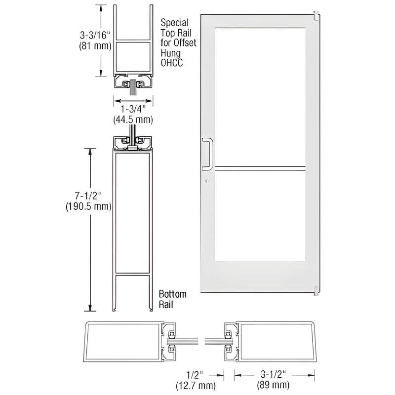 HE41152 White Kynar custom medium stile commercial entrance door with large glass panel, 3 1/2" stiles and 7 1/2" bottom rail
