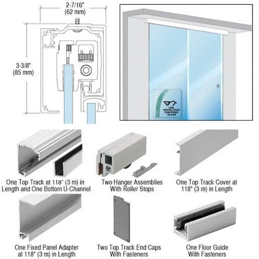 Brushed Stainless Sliding Door Kit for 12" Tempered Glass - Wall/Ceiling Mount Installatio