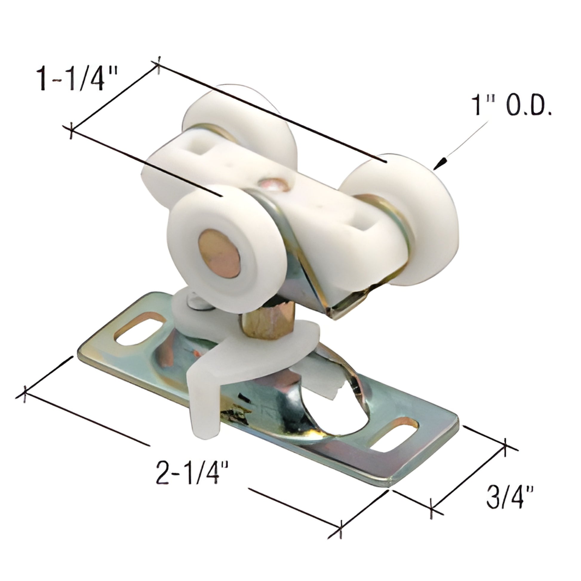 Wardrobe door roller assembly with three 1" nylon rollers on stamped steel bracket - SKU N6848