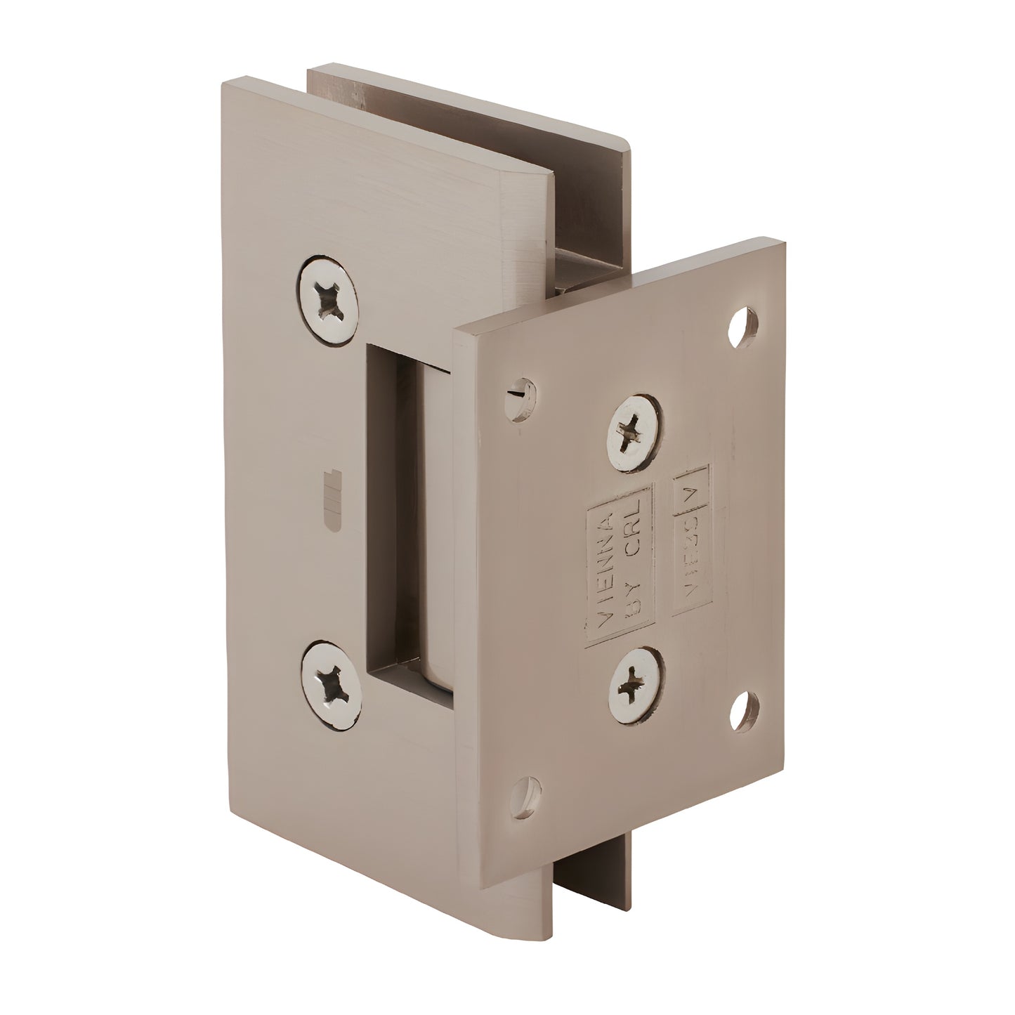 Brushed nickel Vienna shower door hinge (SKU V1E074BN) - short back plate wall-mount for 3/8-1/2 tempered glass.