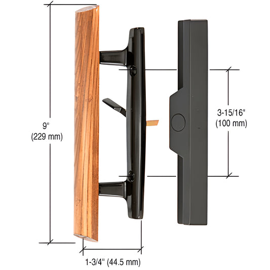CRL C1313 mortise handle set, black diecast exterior and 9" wood interior pull, 100 mm (3 15/16") hole centers.