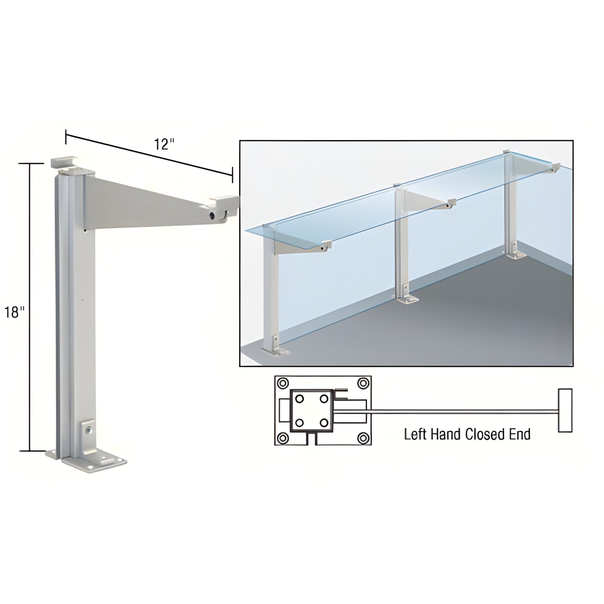 Aluminum 18" counter partition post (D995ALHCE), left-hand closed end, 12" glass shelf support, satin anodized.