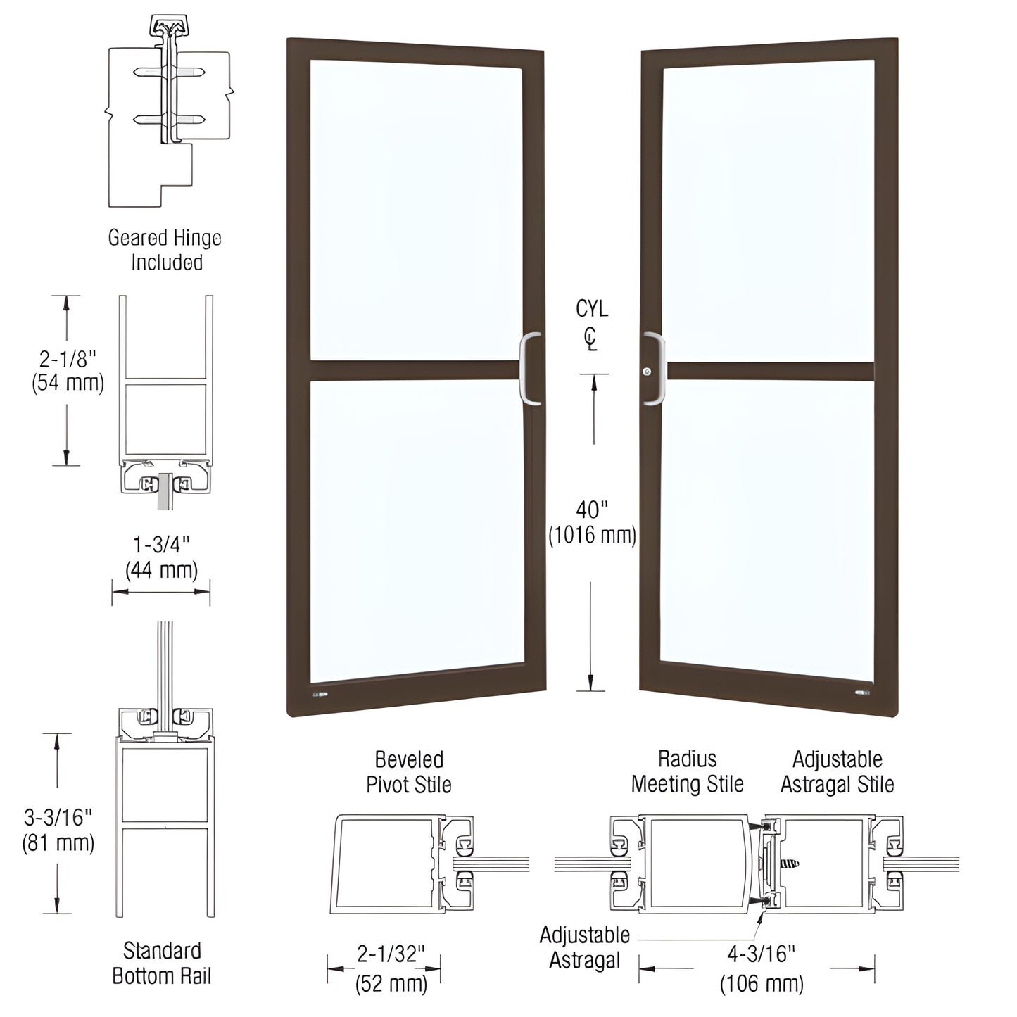 Custom narrow stile entrance door SKU DZ22822, black bronze anodized, 2" stiles, glass panels, panic-hardware ready