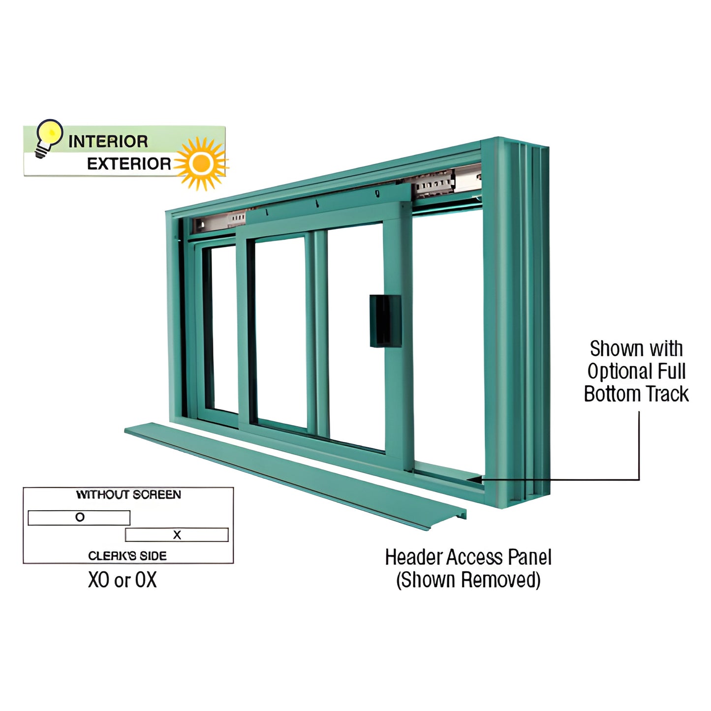 DW1800K two-panel Kynar-painted sliding service window, teal frame, one fixed/one sliding panel, optional full bottom track