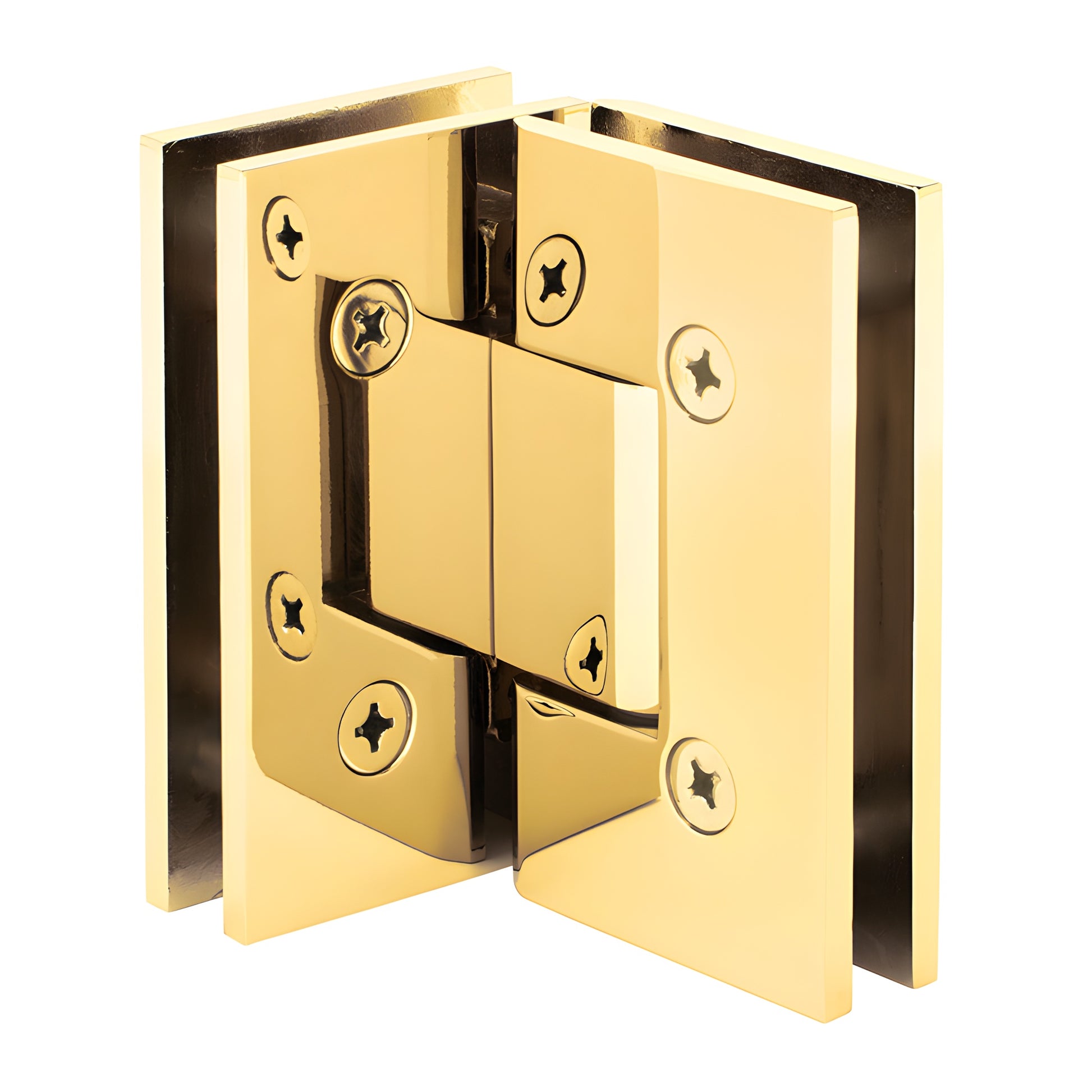 V1E092: polished brass square Vienna glass-to-glass 90 shower hinge, solid brass, fits 3/8-1/2" (10-12 mm) glass.