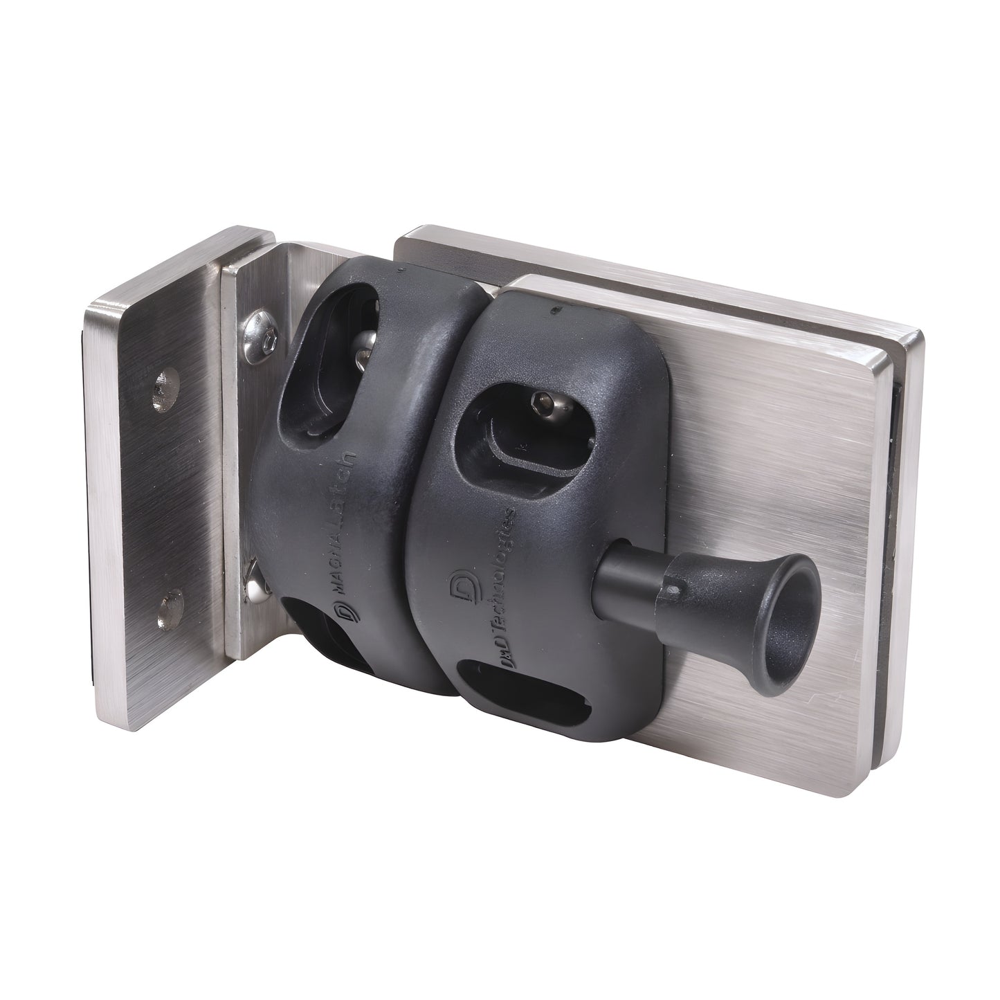 MLSP4BS brushed stainless steel gate latch for 1/2" tempered glass, black plastic striker, wall or square-post mount