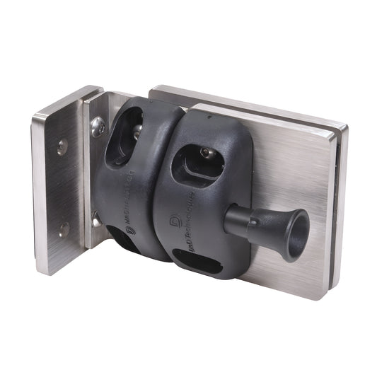 MLSP4BS brushed stainless steel gate latch for 1/2" tempered glass, black plastic striker, wall or square-post mount