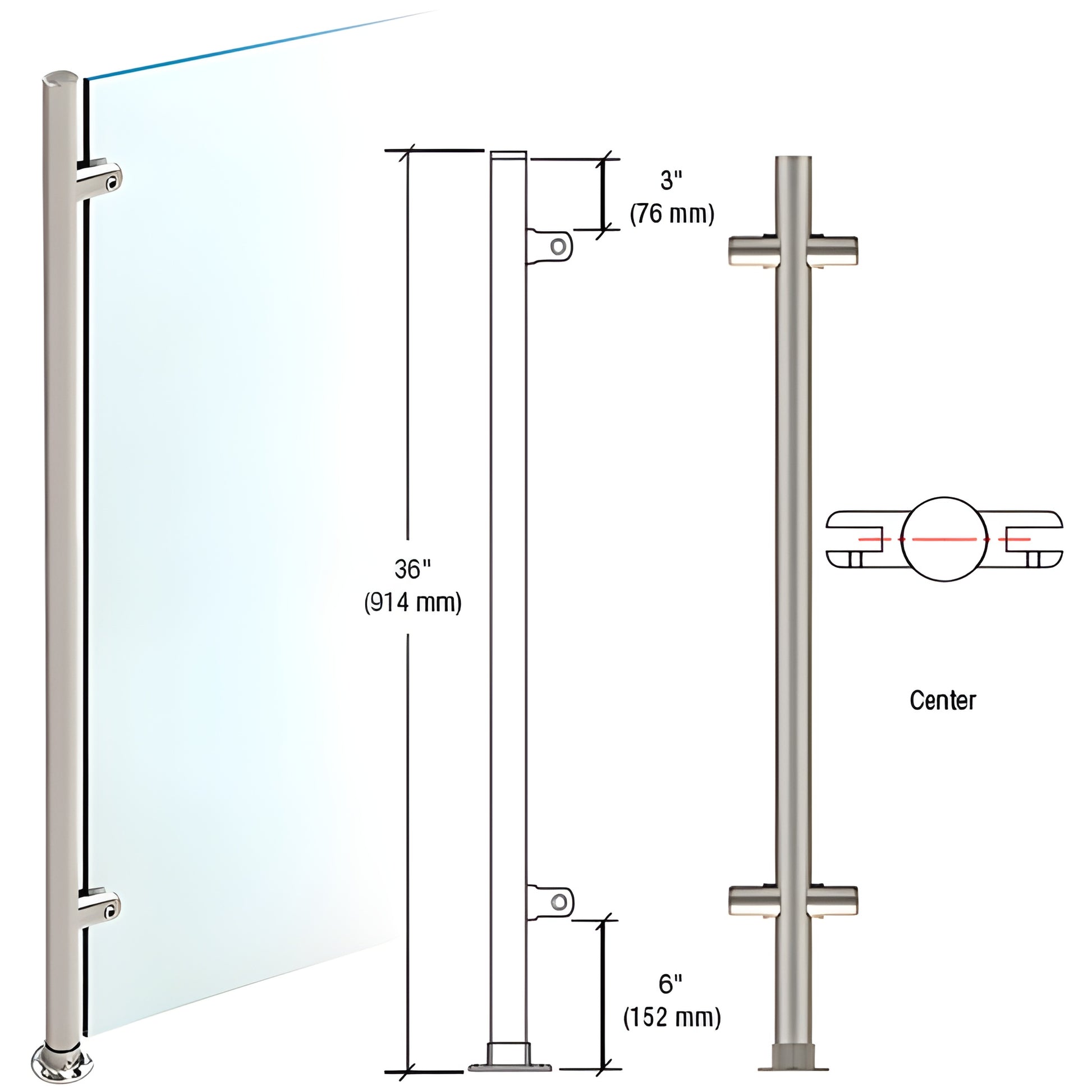 PP59CBS Brushed stainless 36" slimline center partition post, 1" dia, mounts to floor, fits 1/4"-3/8" glass.
