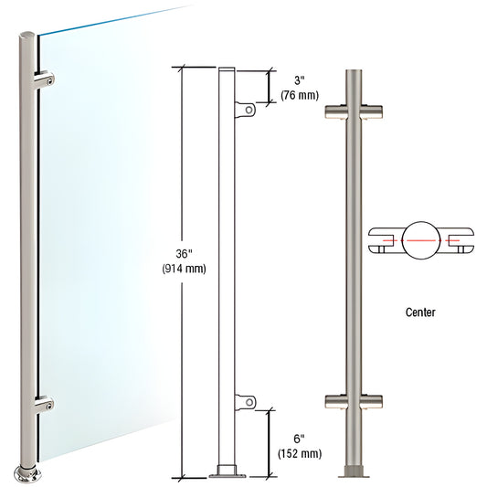PP59CBS Brushed stainless 36" slimline center partition post, 1" dia, mounts to floor, fits 1/4"-3/8" glass.
