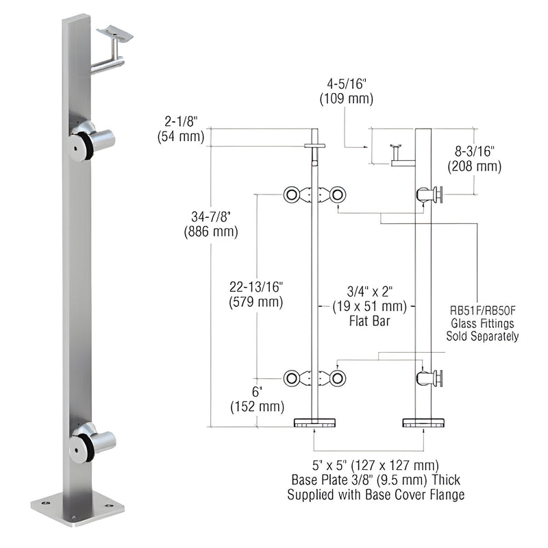 Stainless steel surface-mounted glass railing post with 5x5 in base plate, P336LEBS.