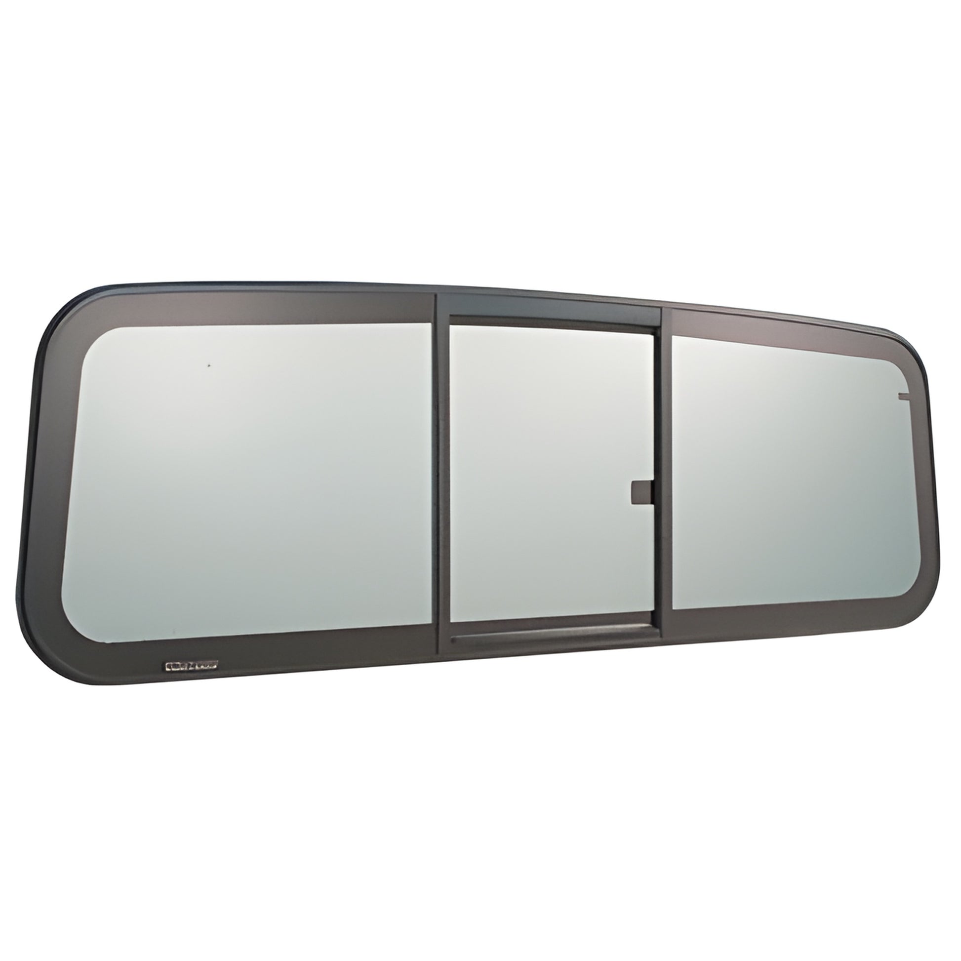 BRW1852 tri-panel truck slider - powder-coated aluminum frame, tempered tinted glass, sliding center vent with latch.