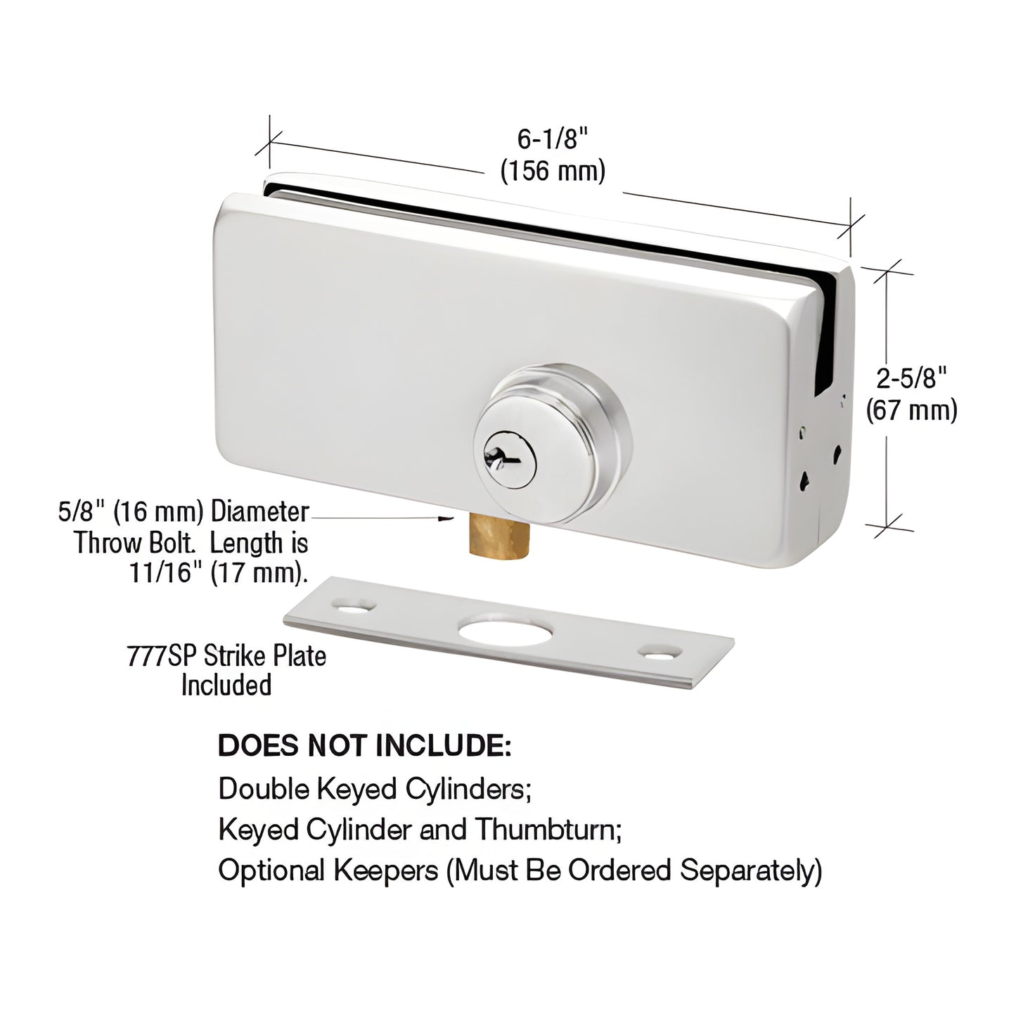 AMR215A satin anodized heavy-duty glass patch lock, 6-1/8 x 2-9/16 in, includes strike plate