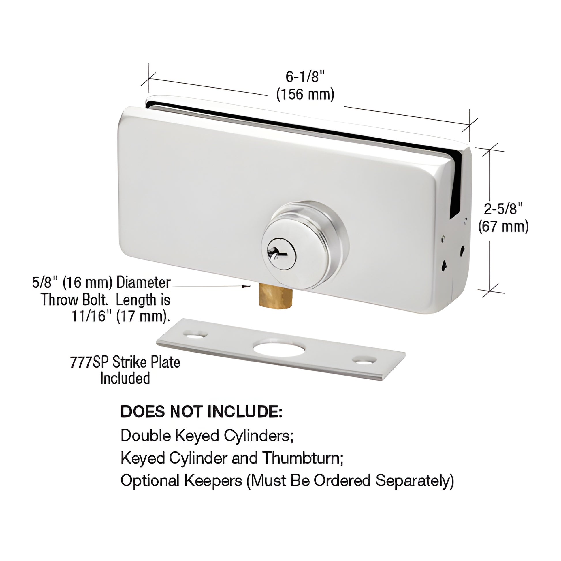 AMR215A satin anodized heavy-duty glass patch lock, 6-1/8 x 2-9/16 in, includes strike plate