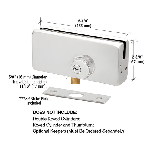 AMR215A satin anodized heavy-duty glass patch lock, 6-1/8 x 2-9/16 in, includes strike plate