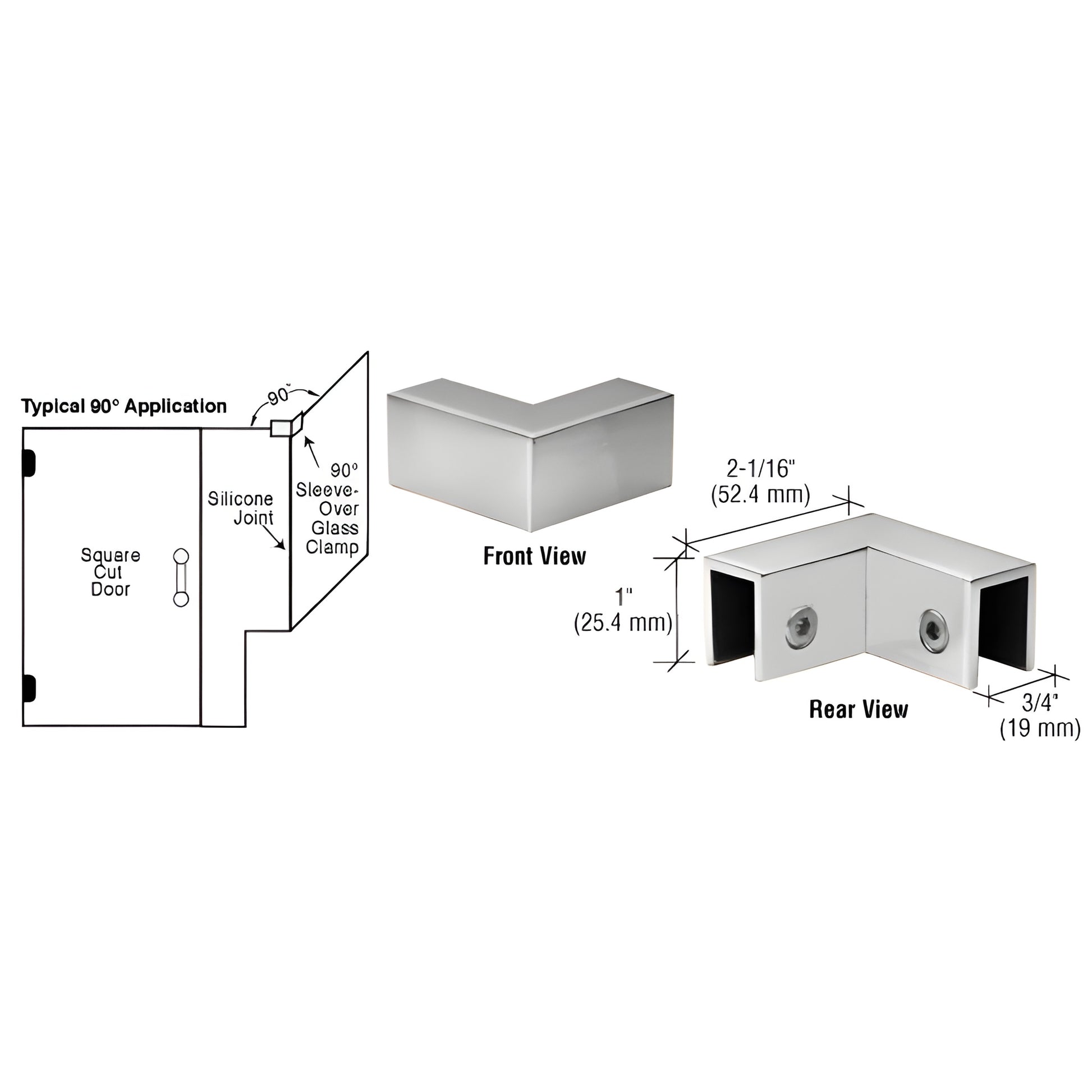 Polished chrome 90 sleeve-over glass clamp (solid brass) for 5/16-1/2" (8-12mm) frameless shower panels