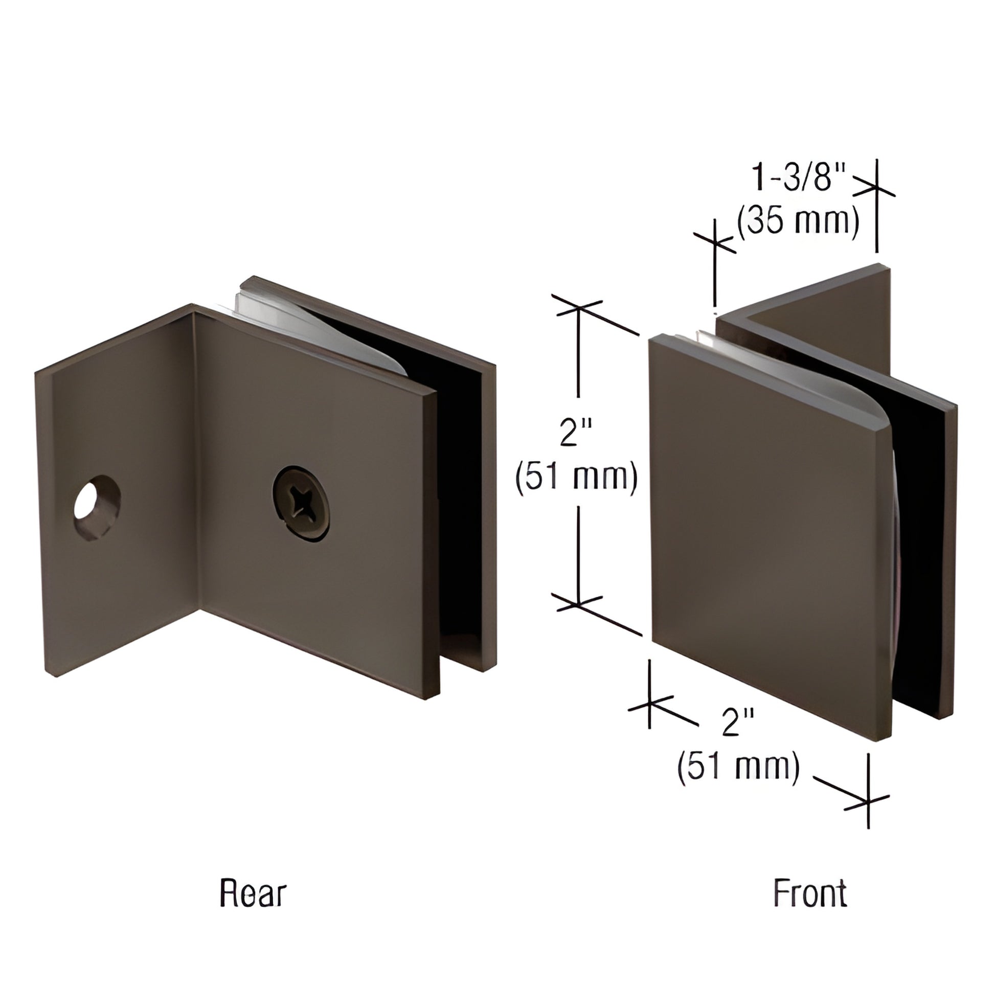 Oil rubbed bronze square glass clamp SGC0370RB, solid brass, 2" tall with 1-3/8" leg, holds 10-12mm tempered glass.