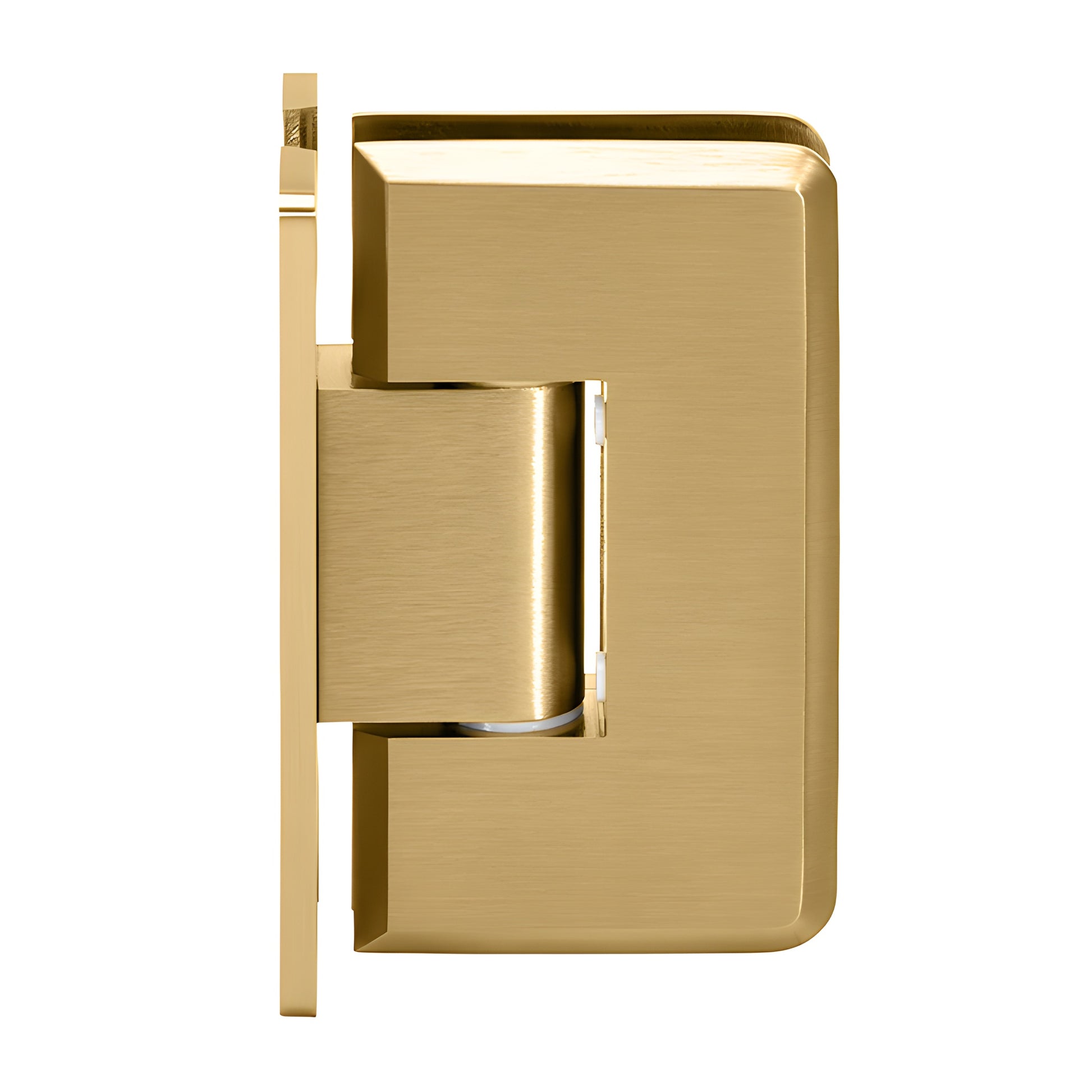 Satin brass Cologne shower door hinge with H wall plate, beveled edges, self-centering, fits 10-12 mm glass.