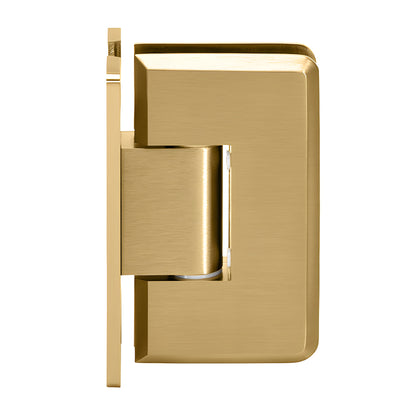 Satin brass Cologne shower door hinge with H wall plate, beveled edges, self-centering, fits 10-12 mm glass.