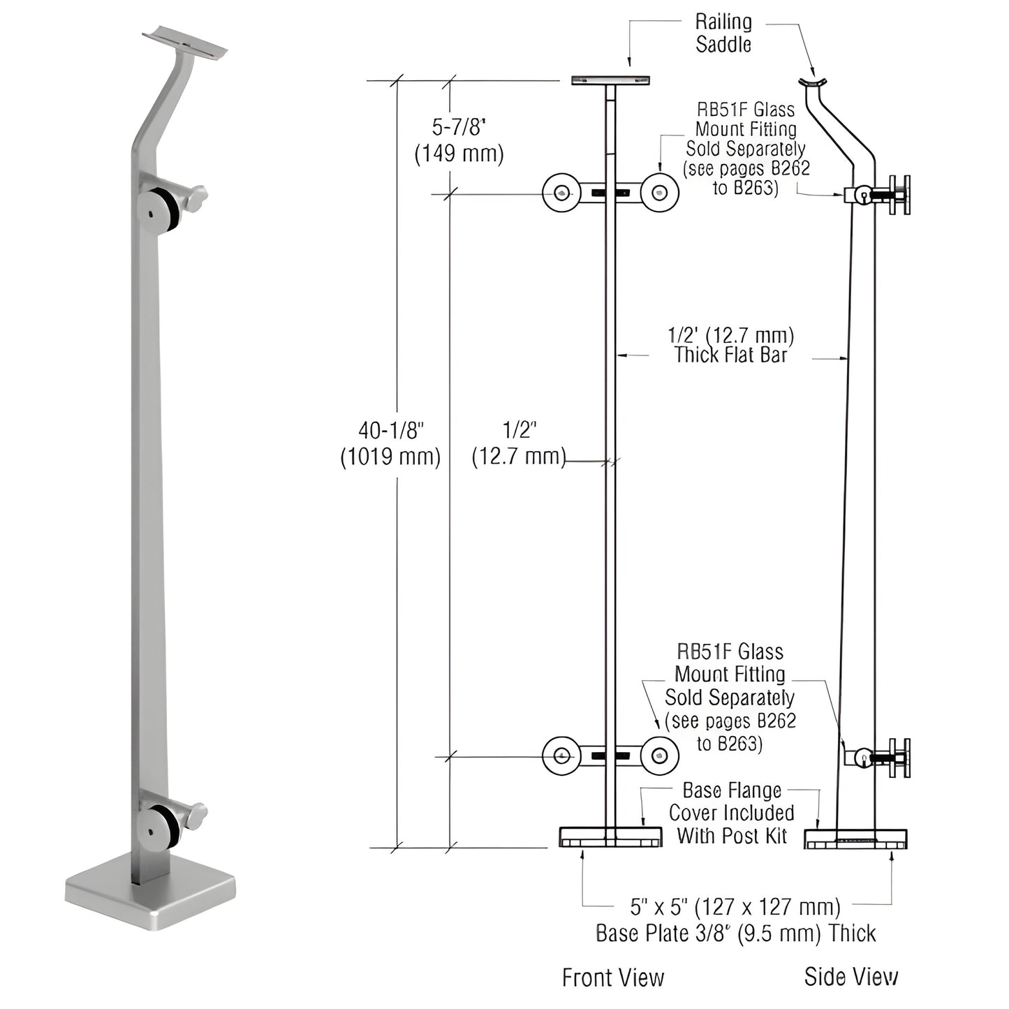 CRL P5 stainless steel glass railing post SKU P542LEBS, 40-1/8" tall, base plate cover, fits 1/2-1" glass