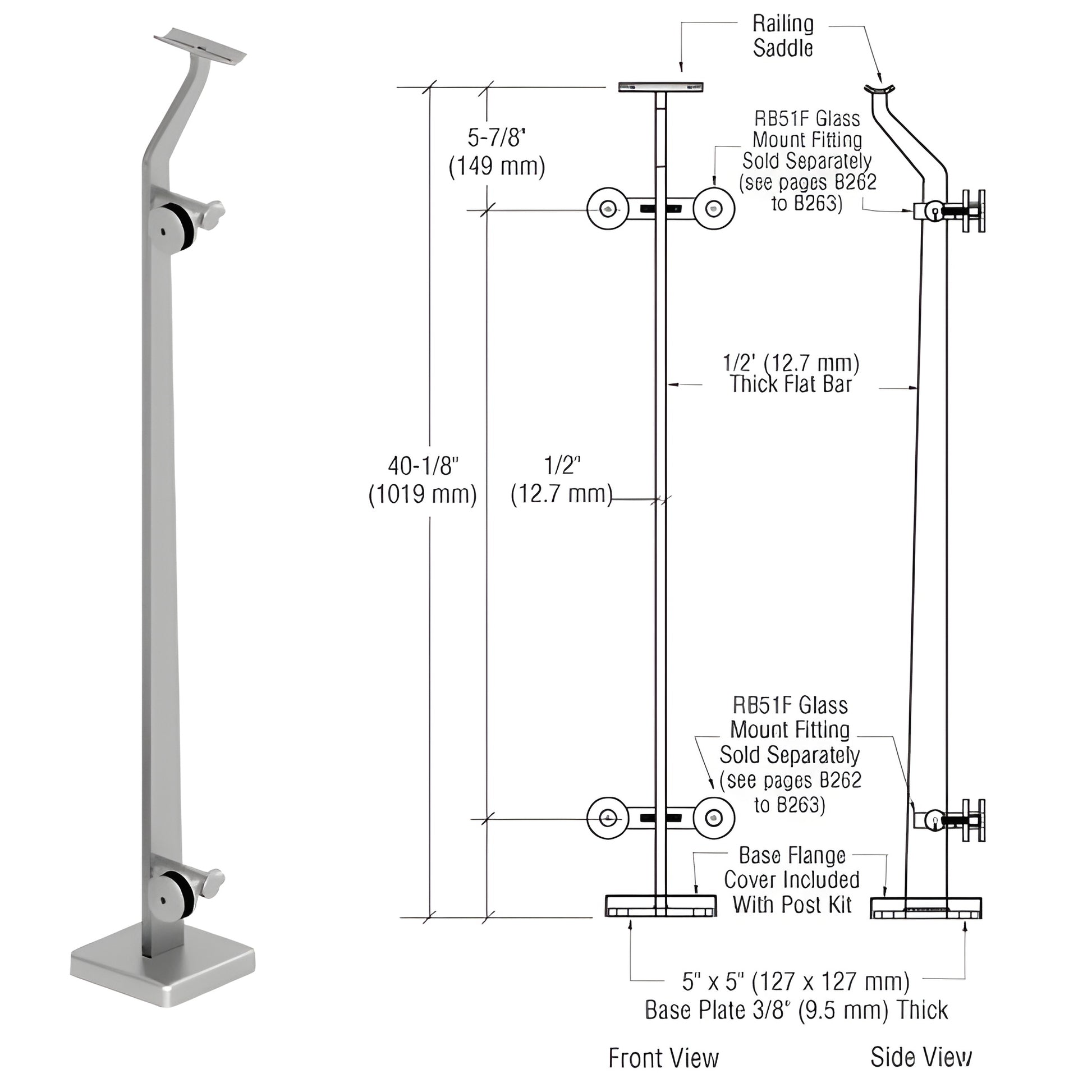 CRL P5 stainless steel glass railing post SKU P542LEBS, 40-1/8" tall, base plate cover, fits 1/2-1" glass