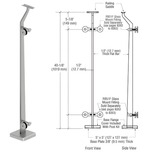 CRL P5 stainless steel glass railing post SKU P542LEBS, 40-1/8" tall, base plate cover, fits 1/2-1" glass