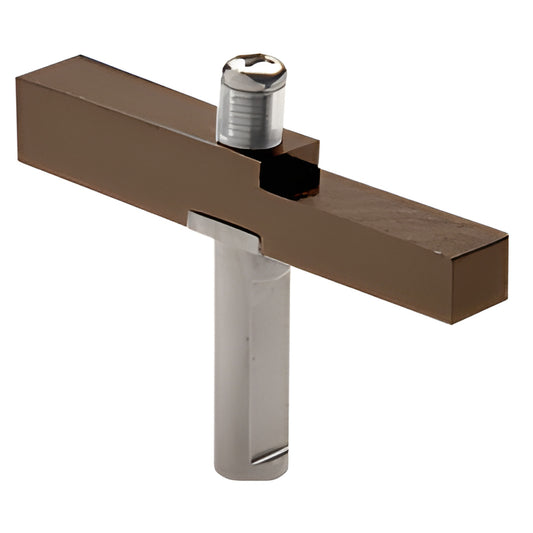 Oil-rubbed bronze brass adapter block with stainless pin and screw for CRL Senior pivot shower hinges.