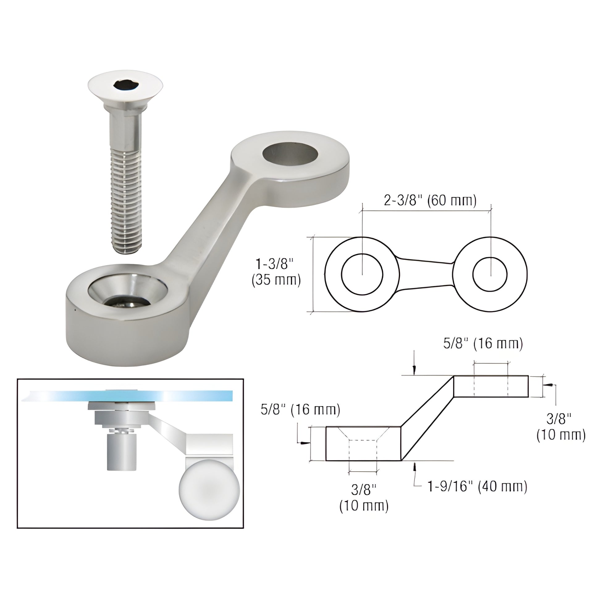 GRP1BS stainless post mount fitting for frameless glass, includes 3/8-16 x2" stud; glass attachments sold separately.