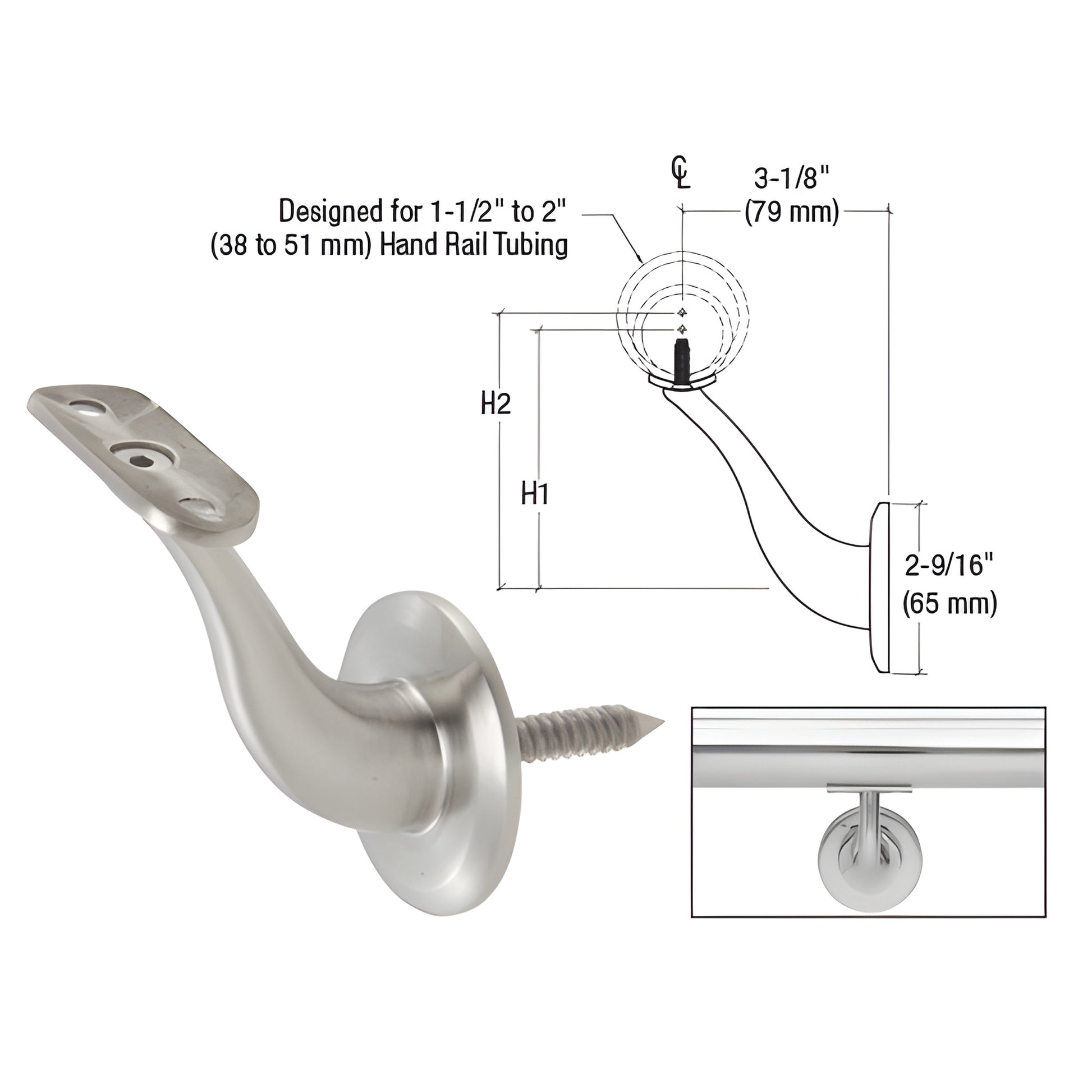 Stainless steel wall-mount handrail bracket HR4WBS, ready-to-install, fits 11 2-2 tubing, 3-1/8 projection.