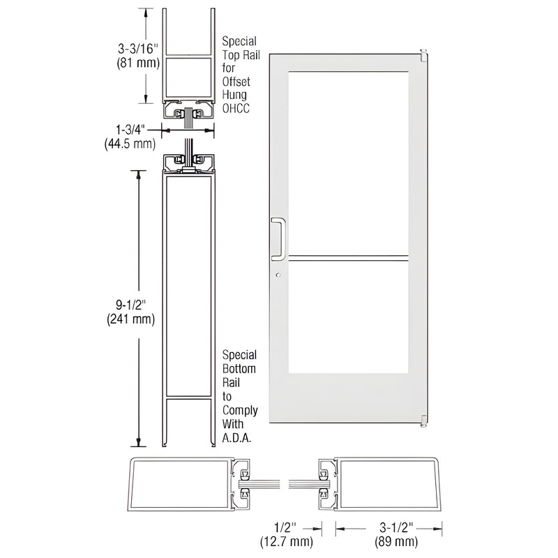 SKU DE41152 - White Kynar medium stile commercial entrance door, 3-1/2" stiles, 9-1/2" ADA bottom rail, glass panel (1/4")
